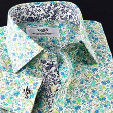 Fancy Designed Green Daisy Print Fabric Dress Shirt French Cuff For Holiday Wear