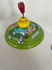 VINTAGE 1982 TOY METAL SPINNING TOP- SMURFS Wood
