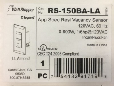 WATT STOPPER RS-150BA-LA App Spec Resi Vacancy Sensor, Light Almond