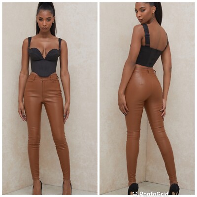 House Of CB CORA TAN VEGAN LEATHER TROUSERS Size Small