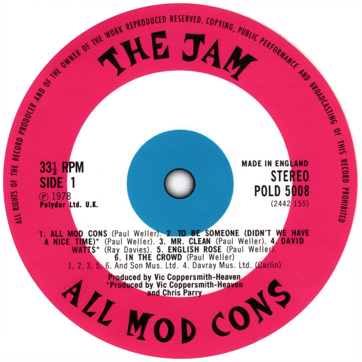 The Jam. All Mod Cons. In The City. Record Label Vinyl
