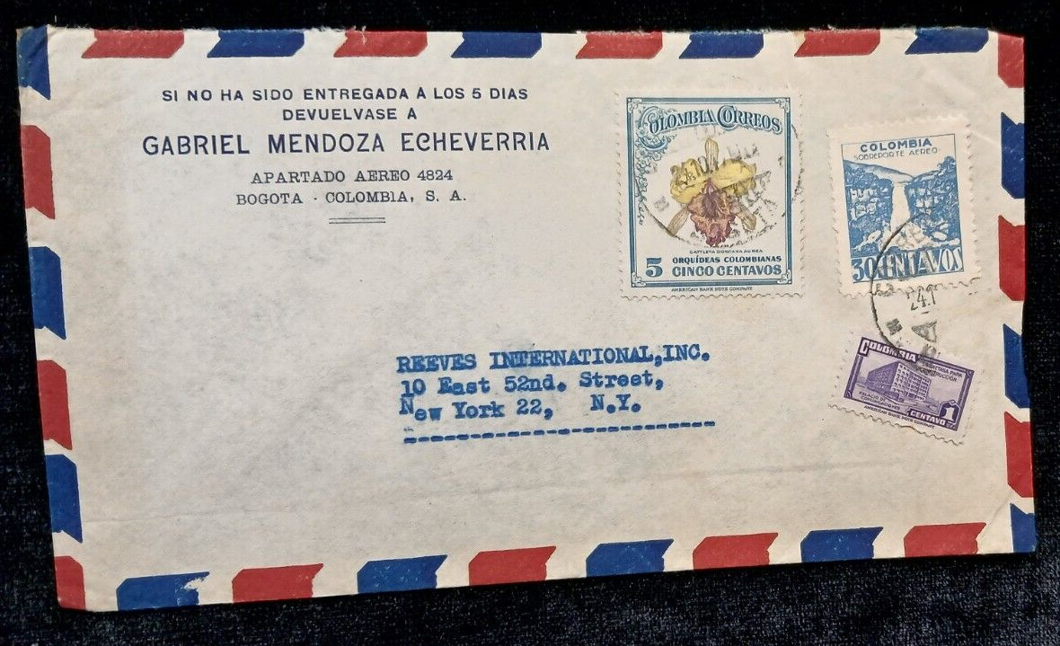 Business Envelope Colombia south America to New York Industrial postage history