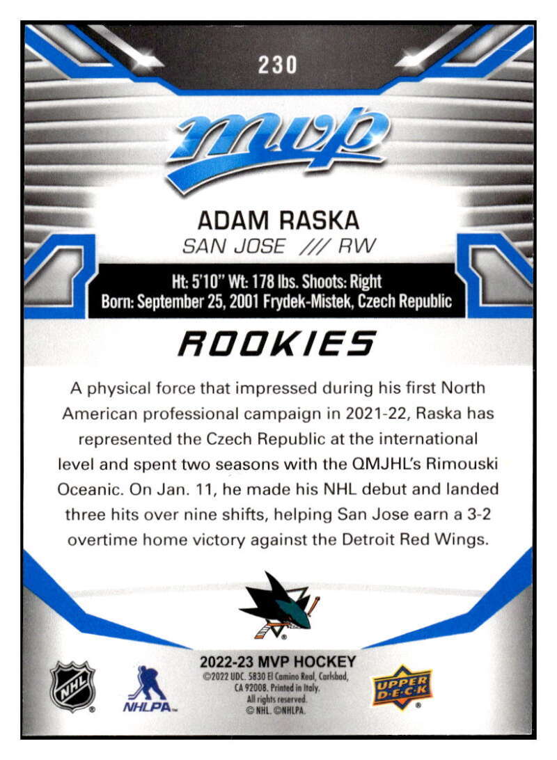 Adam Raska RC 2022-23 Upper Deck MVP Blue Script #230 ROOKIE NHL Sharks ...