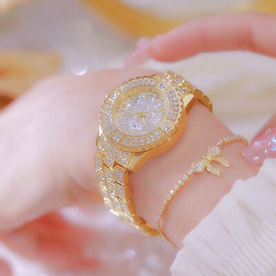 Full Diamond Luxury Women Watch Round Face Stylish Gold Women's Wrist Watch  | eBay