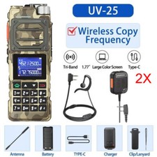 US 2PCS UV-25 WALKIE-TALKIE 136-174 400-520MHZ TRI-BAND TWO WAY RADIO SQUARE MIC