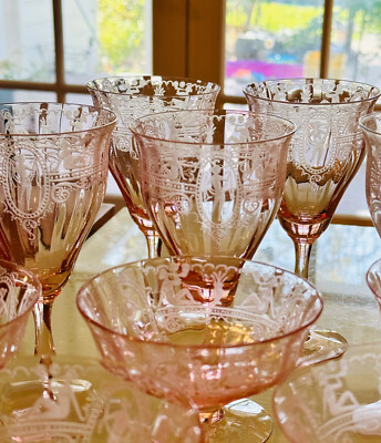 6 pcs Vintage Etched Lady Human Pattern Pink Crystal Wine Glass or Water  Goblet | eBay