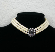 Faux Pearl Choker Necklace Multi-strand Rhinestone Center Accent 12 - 16 inches