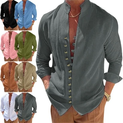 Leinenhemd Herren Langarm Leichtes Sommerhemd Strand Henley Shirt mit Stehkragen - Bild 1 von 4