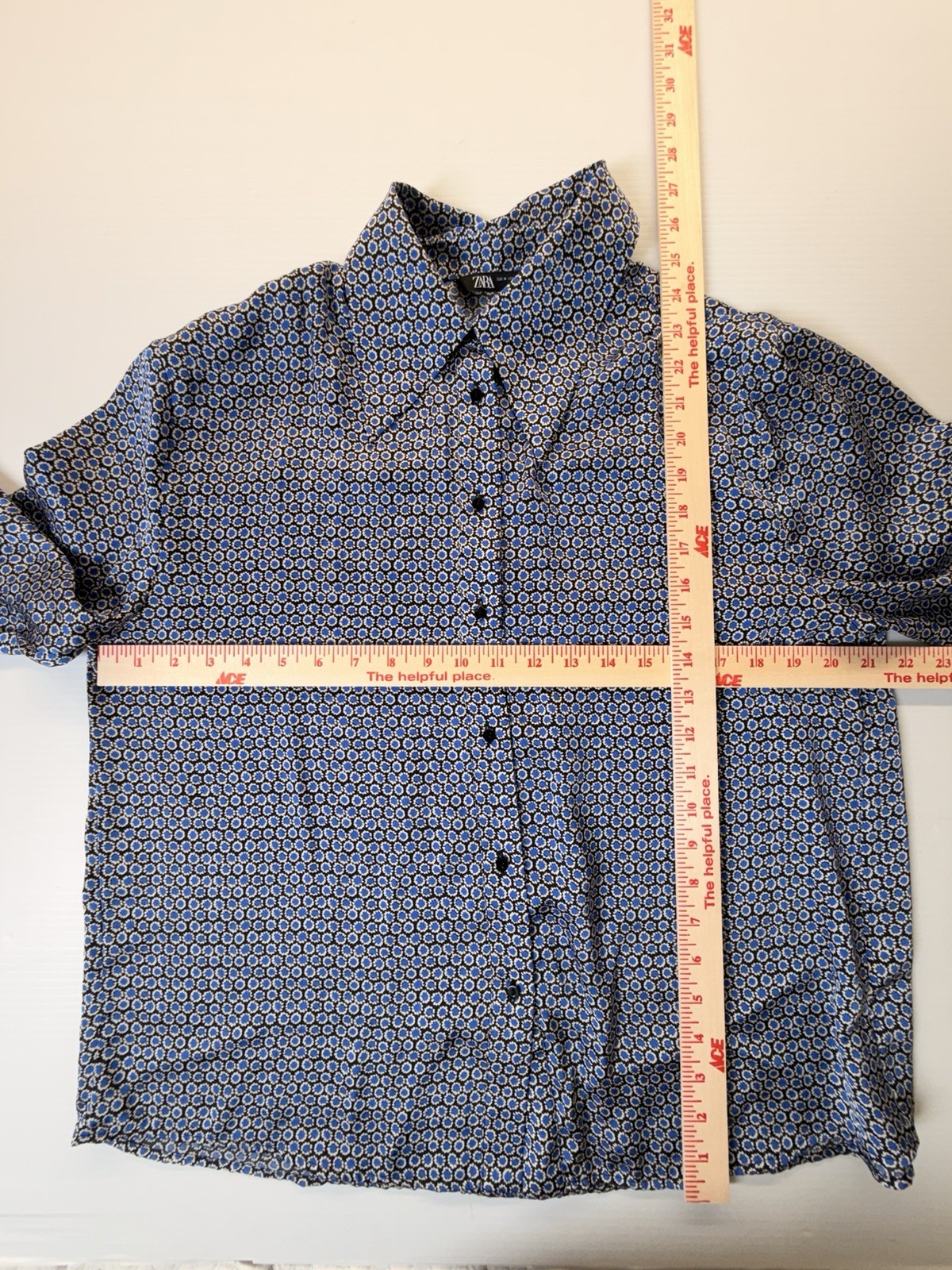 Zara button-up blouse geometric blue and black pattern. Medium image 4