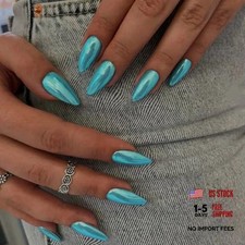 Teal Blue Chrome Press on Nails Medium Almond Mirror Metal Stiletto Fake