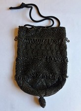1920s Glass Bead Art Deco Flapper Purse w/ Tassel Drawstring Antique Bag Black