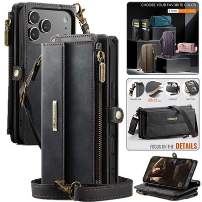 For iPhone 17e 16 15 14 13 12 11 Pro Max 8 Plus Lanyard Leather Zip Wallet Case