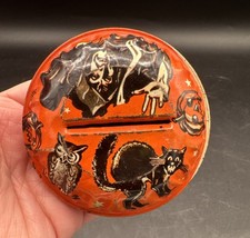 Vtg Litho Tin Halloween Rattle Works Noisemaker Witch Cat Owl T. Cohn 1950 Read