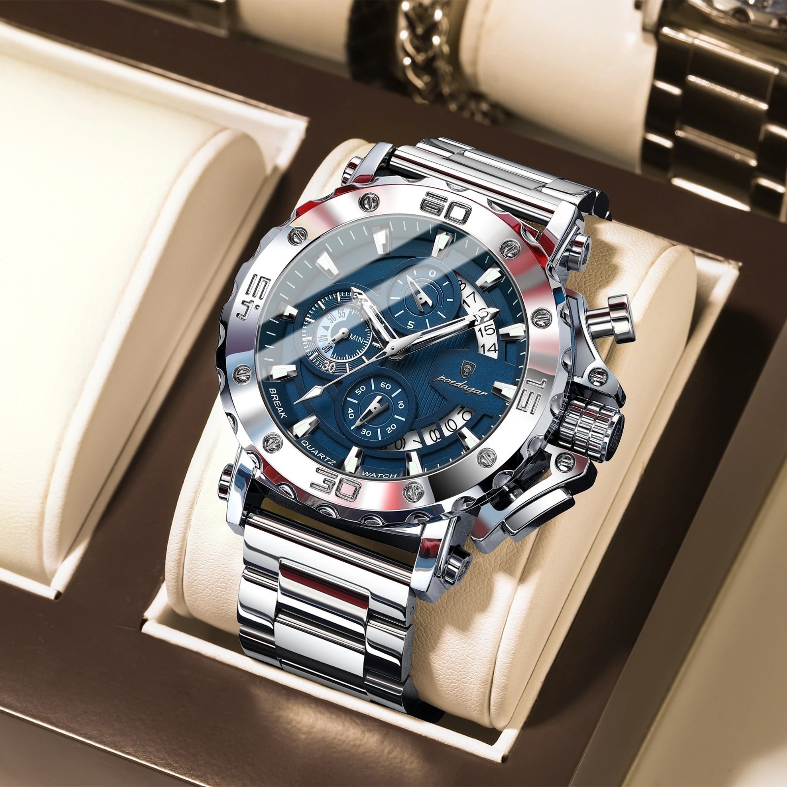 Montre de luxe pour hommes bracelet acier étanche calendrier cadran noir lumineux