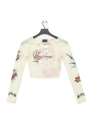 Ed Hardy Damen Top S Creme Polyester mit Elasthan Cropped