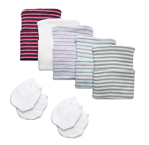 5 Baby Beanies & 2 Pairs Mittens Gender Neutral Newborn Hospital Hat Set
Opens in a new window or ta