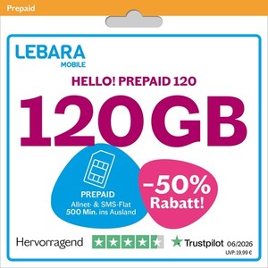 LEBARA HELLO! 120 Prepaid SIM-Karte | Allnet-Flat Telefonie & SMS | 120 GB Daten