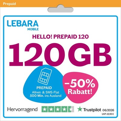 LEBARA HELLO! 120 Prepaid SIM-Karte | Allnet-Flat Telefonie & SMS | 120 GB Daten