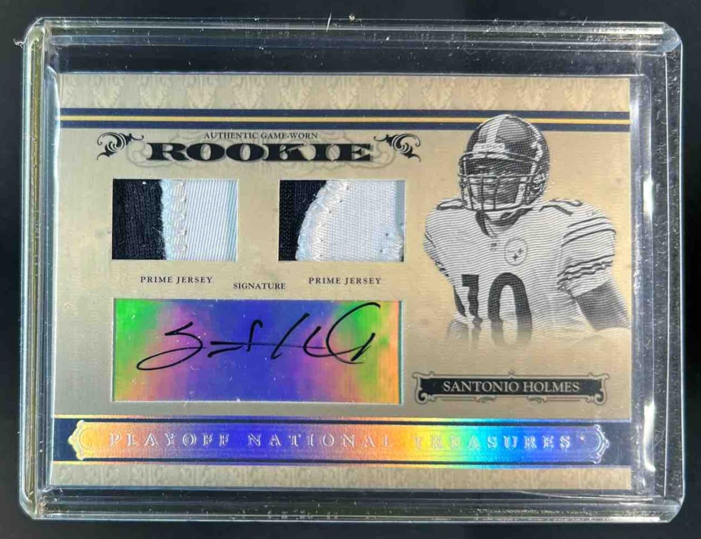 Santonio Holmes Playoff National Treasures #112 Material Signature Prime Logo-1/1