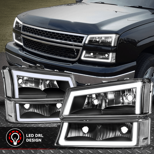 [C-LED DRL] For 03-07 Silverdo Avalanche Truck Headlights+Bumper Lamps Black - Picture 1 of 8