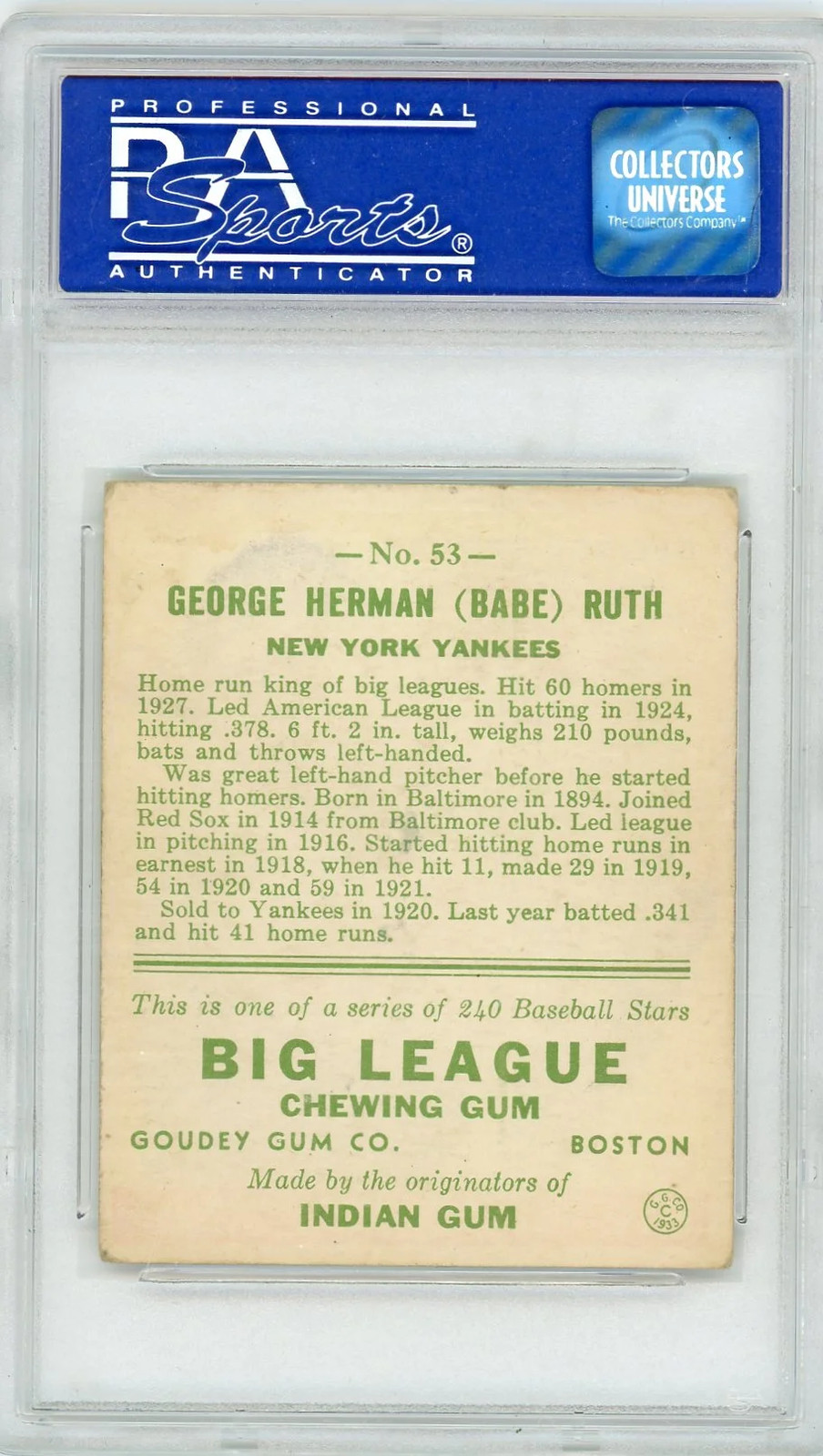 1933 Goudey Babe Ruth #53 PSA 3 view 2