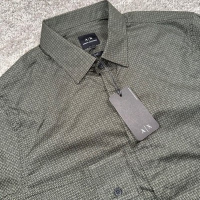 Armani Exchange Button Down Shirt Mens Slim Fit Geometric Print Green Small NEW