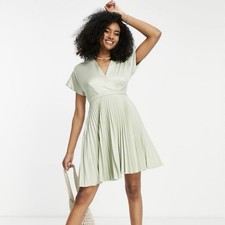 Closet London wrap front pleated midi skater dress in sage green, Women’s, UK 10
