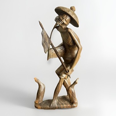 Vintage asiatische handgeschnitzte Holz Fischer Statue - primitive Volkskunst Figur