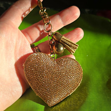 Gold Tone Metal Rhinestone Heart Tassel Charm Key Chain Keyring Women
