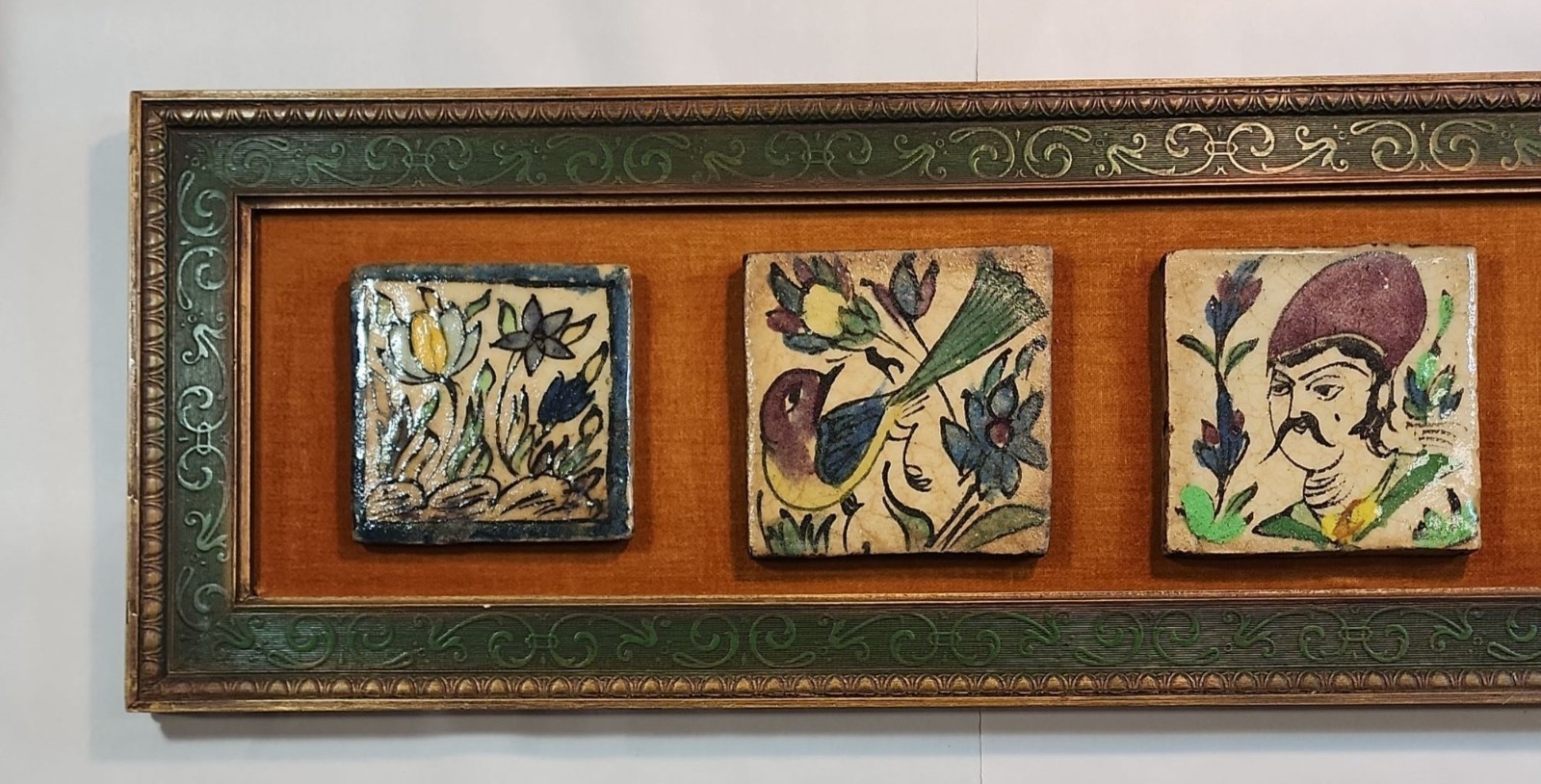 Hand-Painted VTG Persian Style Tile Wall Art Ornate Wooden Frame Floral MCM