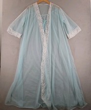 Vintage Val Mode Light Blue Robe Womens S Sheer Nylon Floral Lace Trim Nightgown