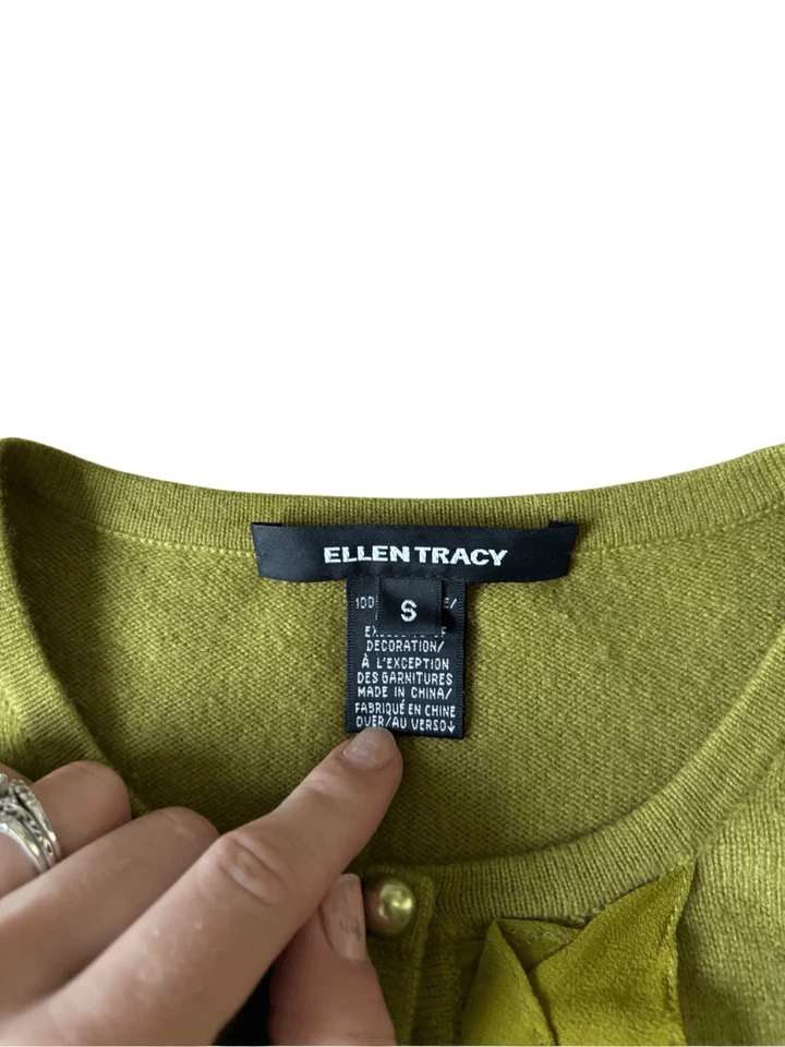 Cárdigan Ellen Tracy Cachemir Volantes Botón Delantero Talla S Verde Foto 4 de 4