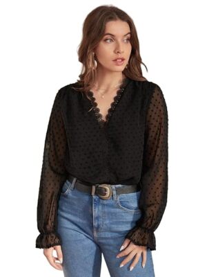 Women's Swiss Dot Scallop Trim Top casual tshirt for ladies shirt