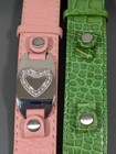 Fossil Leather Set of 2 Y2K Pink Green Heart Charm Cuff Bracelet Buckle 7 inches
