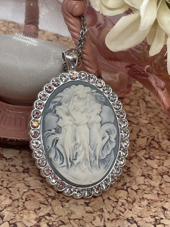 Regalo Aniversario Azul Boda Blanco Camafeo 3 Musas Baile Plata Cristal Collar Foto 2 de 4