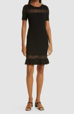 495 Milly Women's Black Sheer Ribbed Jewel Neck Short Sleeve Shift Dress Size M