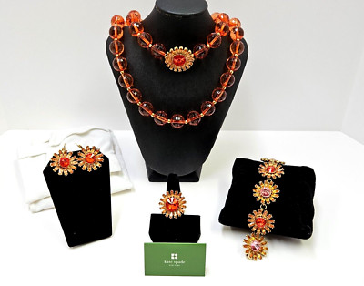 Kate Spade Jewelry Suite Set Necklace Earrings Ring Bracelet Orange Pink Flowers