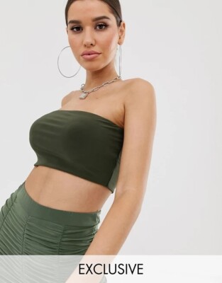 Miss Selfridge Bandeau Stretch Cotton Crop top Boob Tube Khaki Green Cream  10 UK - Main Image