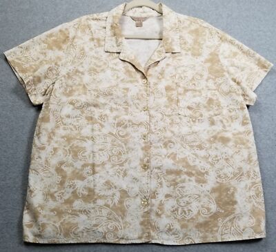 White Stag Button Up Shirt Women s 2XL XXL White Brown Paisley Short Sleeves Top