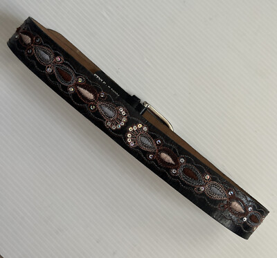 Belt Genuine Leather Black Embroidery Embossed Boho Sequin 