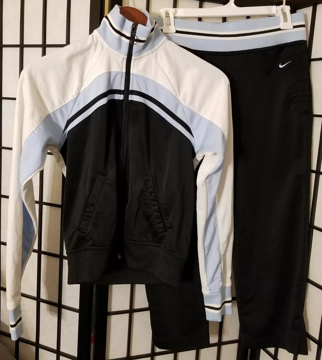 00's Nike Womens Light Blue Black White Tracksuit Set Jacket Crop Pants  Size XS