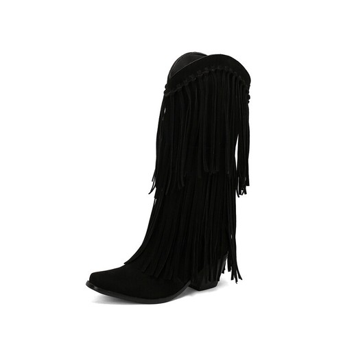 Womens Knee High Boots Mid Chunky Block Heels Tassels Western Riding Boot Autumn - Imagen 13 de 29