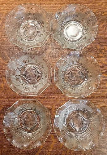 6 Jeanette Glass Co Iris & Herringbone Dessert/Berry Bowls w/Scalloped Edge