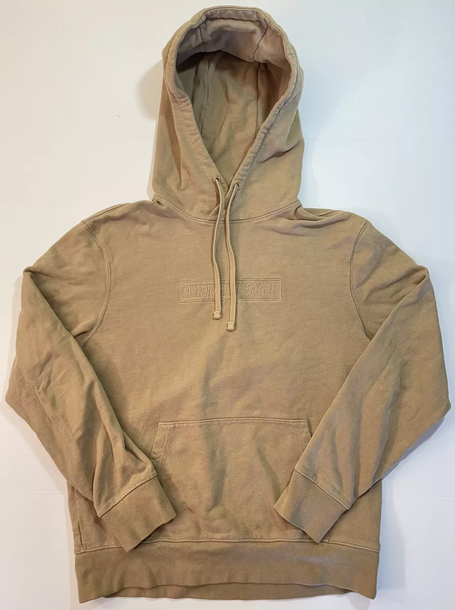 American Eagle Mens Box Logo Hoodie Sweatshirt Spell Out Tan Khaki Pullover M