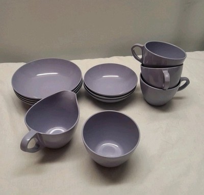 12 Piece Purple Melmac Royalon Cups & Bowls Sugar & Creamer Vintage USA dishware