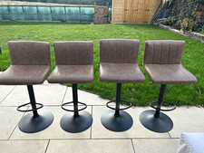 Set of 4 Brown Upholstered Swivel Bar Stools w/ Backrest, Footrest, Metal Base