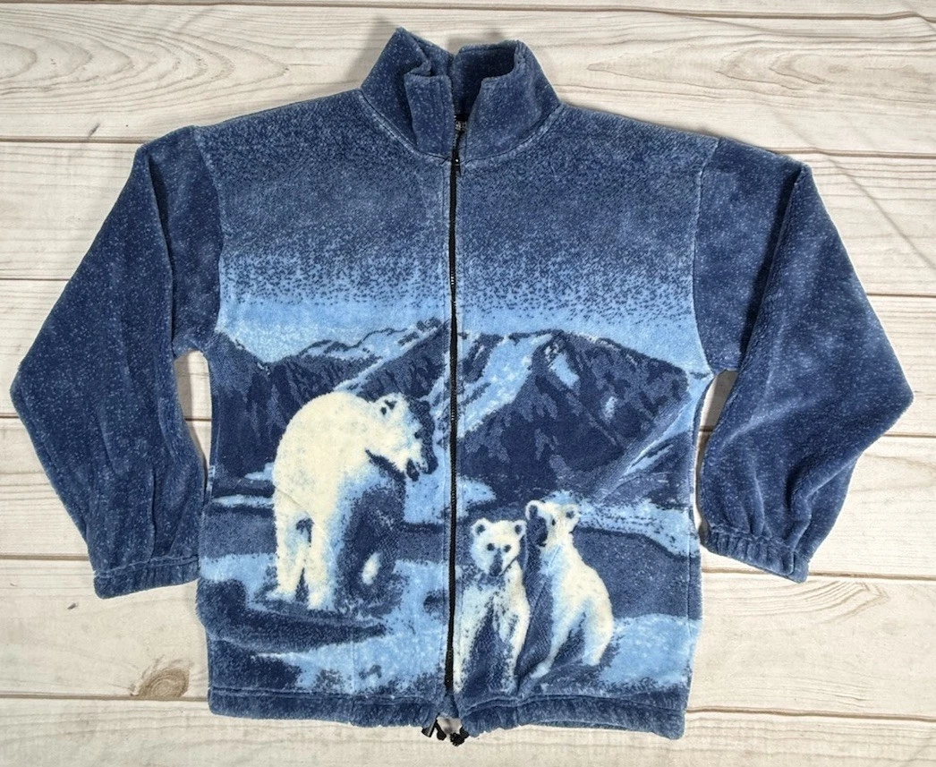 Vintage Polar Bear Arctic AOP Fleece Jacket Animal Print M/L Zip Made USA 90s