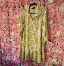 Fred David Floral Collared Shirt Dress 3/4 Sleeve Ruffle Yellow White Size L
