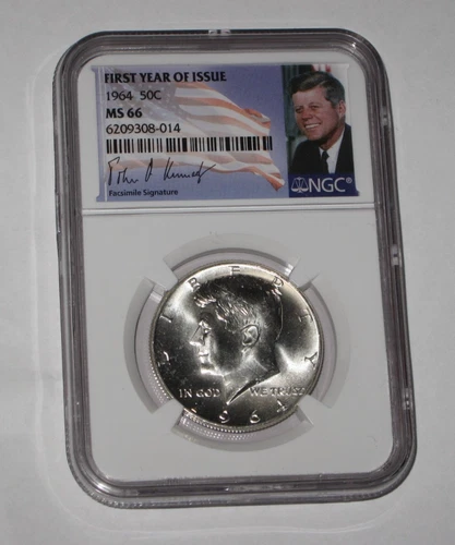 1964 P NGC MS66 SILVER KENNEDY HALF DOLLAR SIGNATURE FLAG LABEL 90% COIN JFK