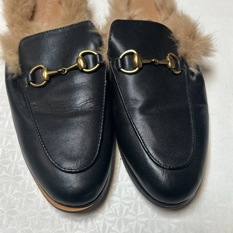 GUCCI | Princetown Fur Black Velvet Horsebit Mules Flats Slides Slippers US 7.5 - Image 2 of 4